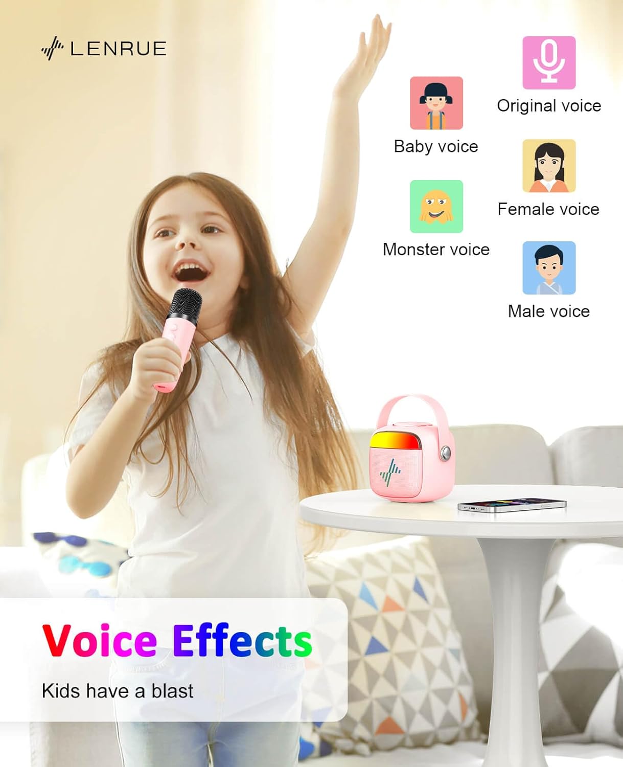 LENRUE Karaoke Machine for Kids, Birthday Gifts for Girls Boys Teens with Wireless Microphone, Colored Lights, Trendy Stuff Gifts for 3, 4, 5, 6, 7, 8, 9, 10 +Year Old - Image 3