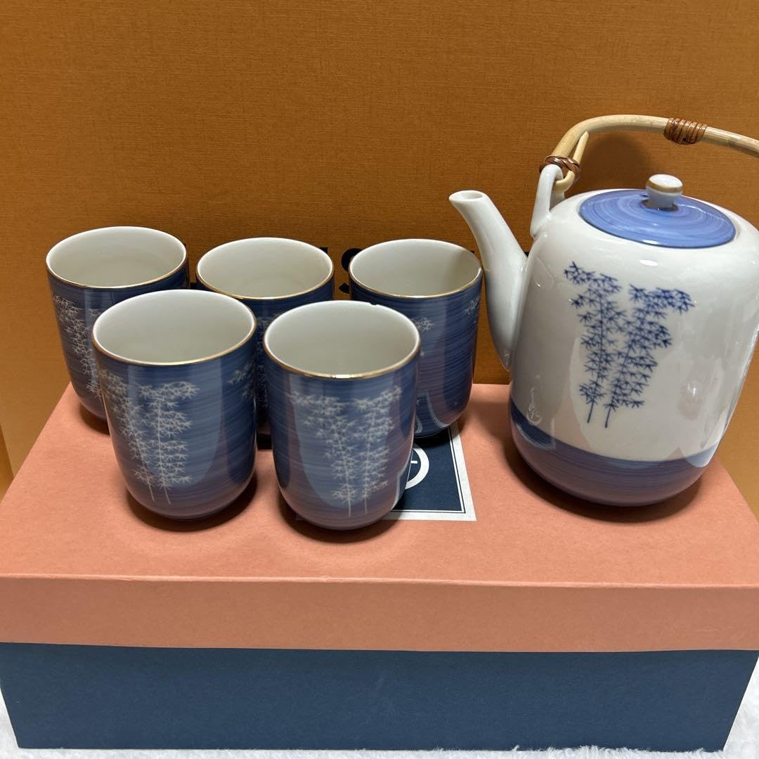 Amazon.co.jp: たち吉 急須と湯飲み5個セット 青色 竹模様 竹林