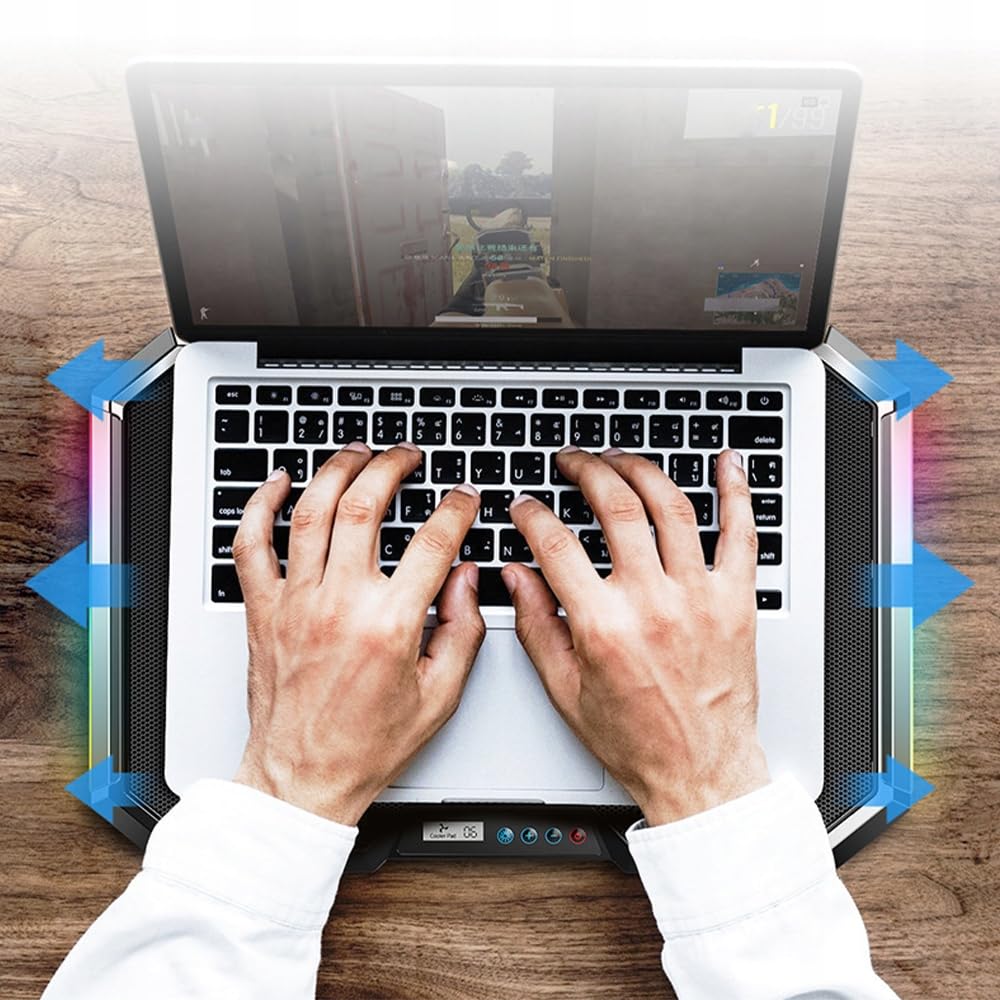 Q8 RGB LED PC Portable Refroidisseur avec 6 Ventilateurs - Support Ordinateur Portable jusqu'à 18 Pouces - Inclinaison 0-32° - Écran LCD - Fonctionnement Silencieux Environ 25dB - Alimenté par USB