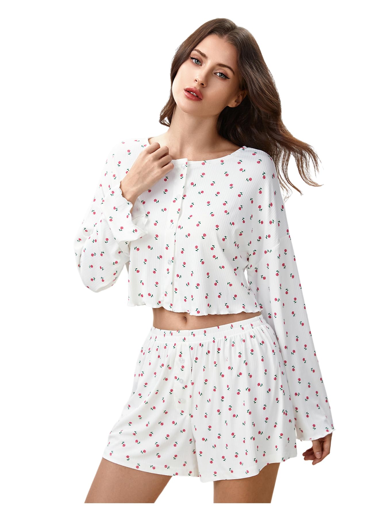 SHENHE Women's Floral Pajama Set Long Sleeve Button Up Crop Top and Shorts 2 Piece Loungewear