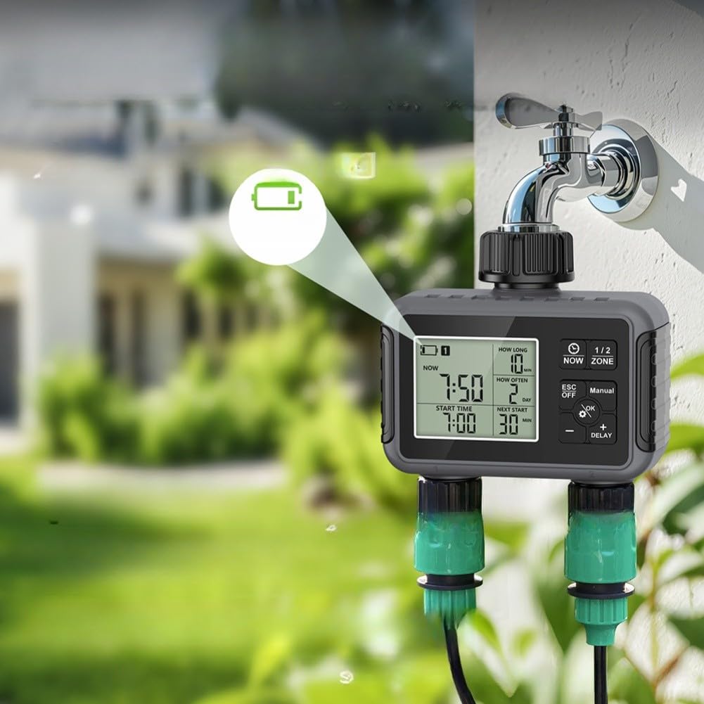 Temporizador de agua programable para grifo de jardín con configuración de entrada y salida de zonas duales independientes y capacidad de anulación manual