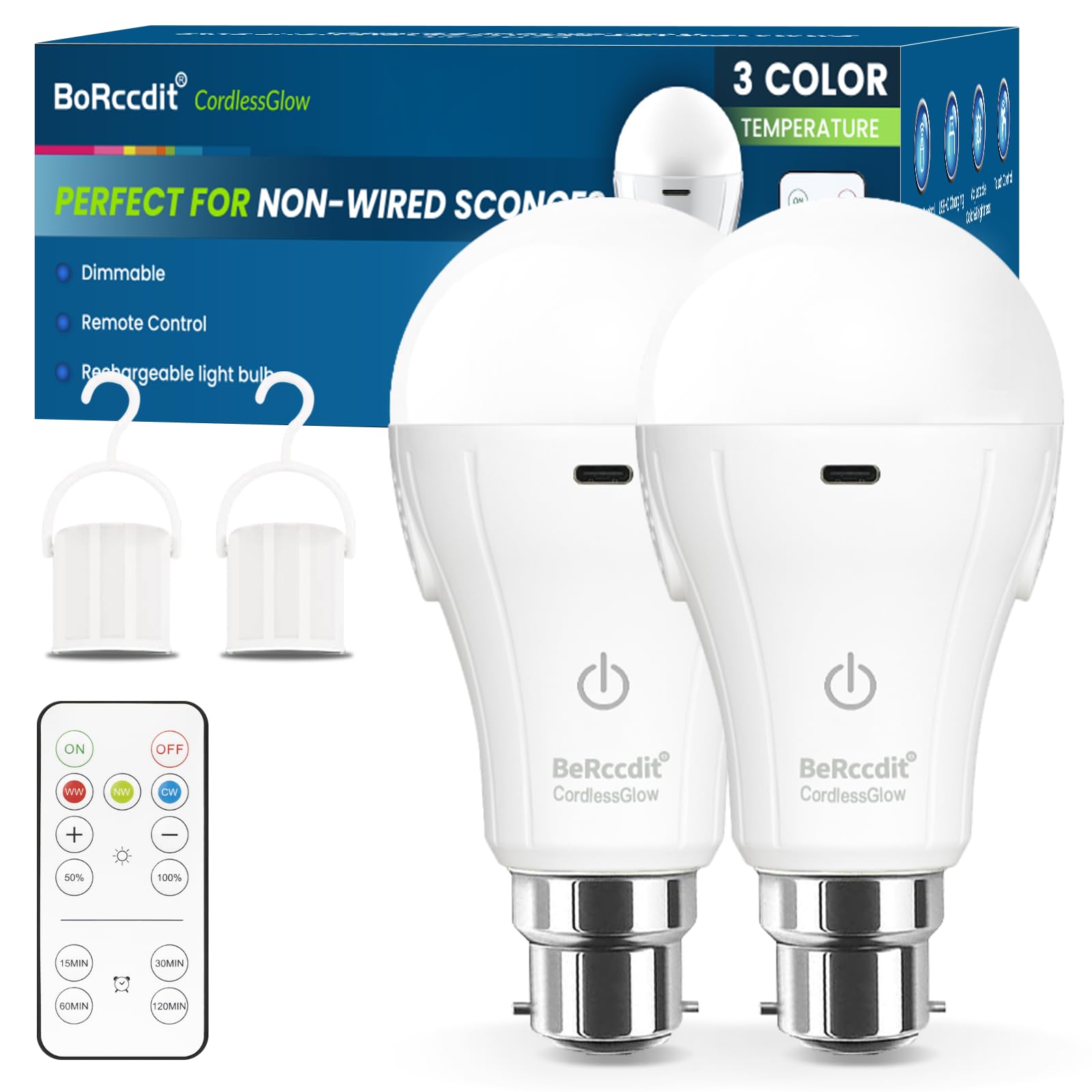 BoRccdit CordlessGlow Rechargeable Light Bulb B22, Dimmable & 3-Color Modes with Remote,15W LED 60W Equivalent, 2000mAh USB Charge Battery Up to 24H, No Wiring for Power Cuts, Camping, Closets, 2-Pack โ image 1