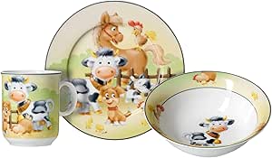 Ritzenhoff & Breker Kindergeschirr-Set Hoftiere 3-teilig | Kinderbecher (270 ml), Teller (19 cm) und Schale (450 ml) | Tiere vom Bauernhof | Porzellan | Bunt