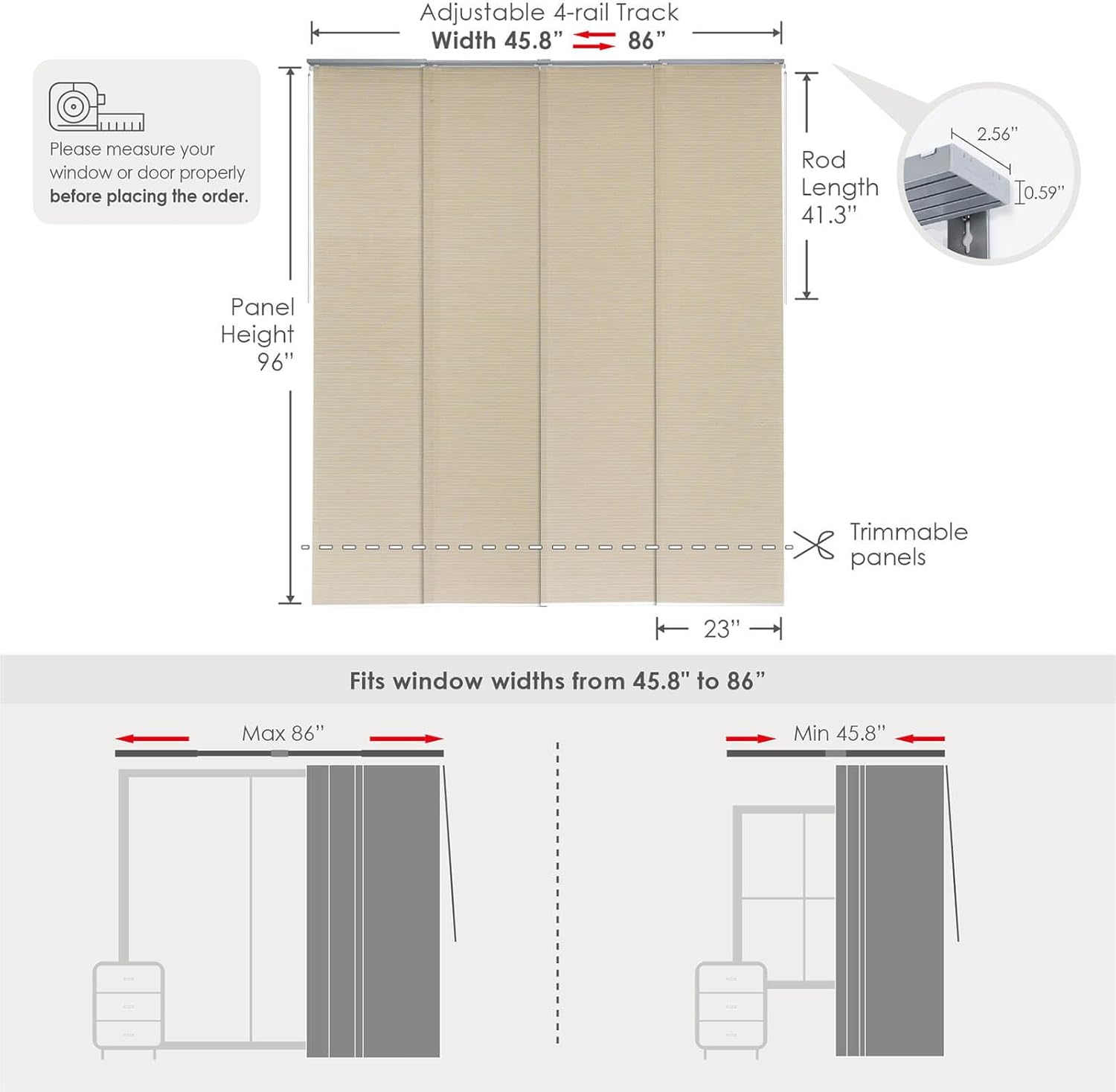 GoDear Design Adjustable Panel Track Blinds - Vertical, Extendable from 45.8 to 86 W, Trimmable Up to 96, See-Through Jute Fabric Yoga Blinds GoDear Design Adjustable Panel Track Blinds - Vertical, Extendable from 45.8 to 86 W, Trimmable Up to 96, See-Through Jute Fabric Yoga Blinds