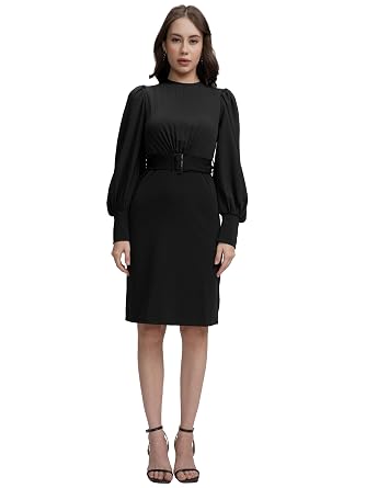 Tokyo Talkies Women's Elegant Sheath Dress with Belt & Pleated Top Sophisticated Full-Sleeve Style for Any Occasion