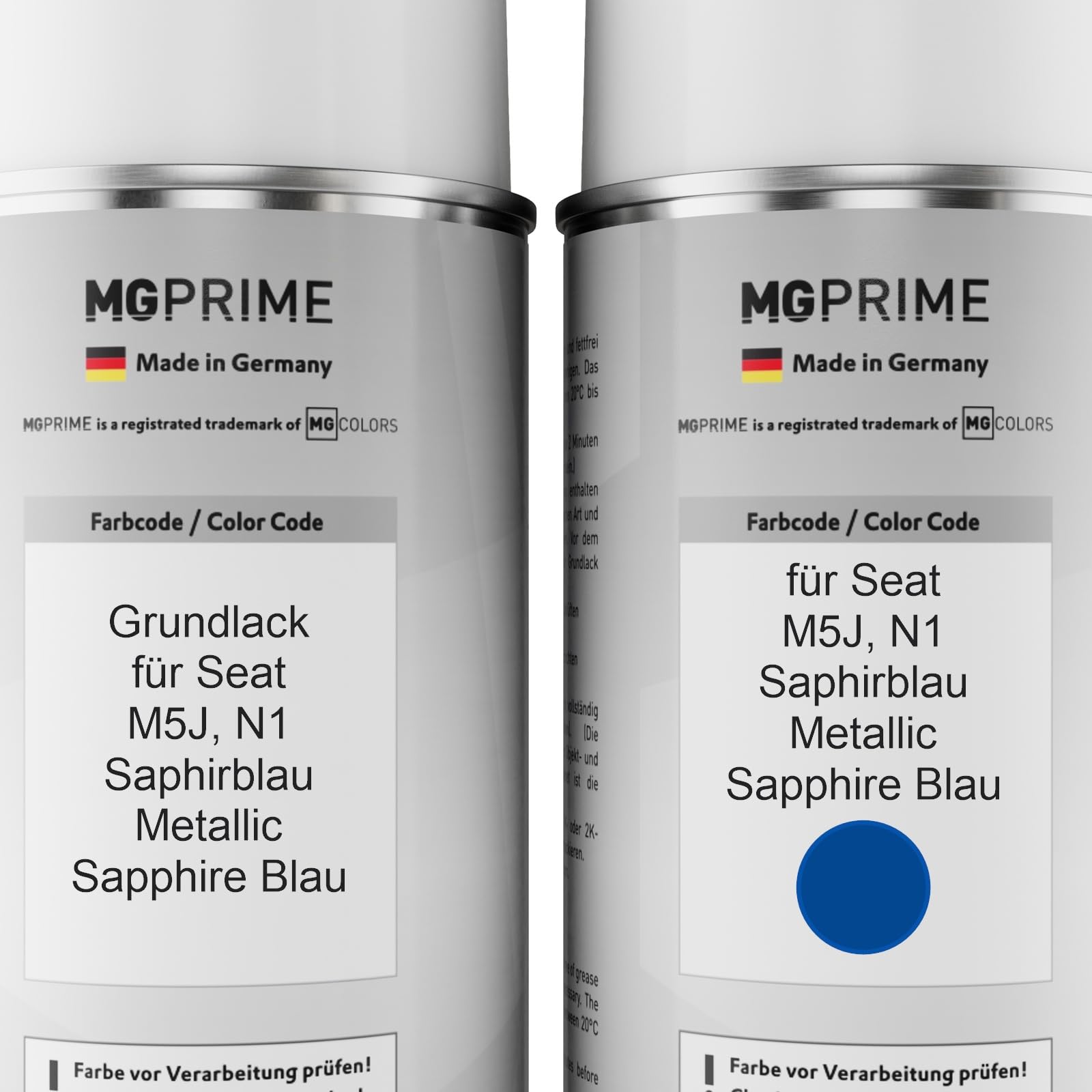 MG PRIME Lakier samochodowy Zestaw puszek z lakierem w sprayu 2K dla Seat M5J / N1 Saphirblau Metallic/Sapphire Blau Lakier bazowy 2 komponenty Lakier bezbarwny w sprayu