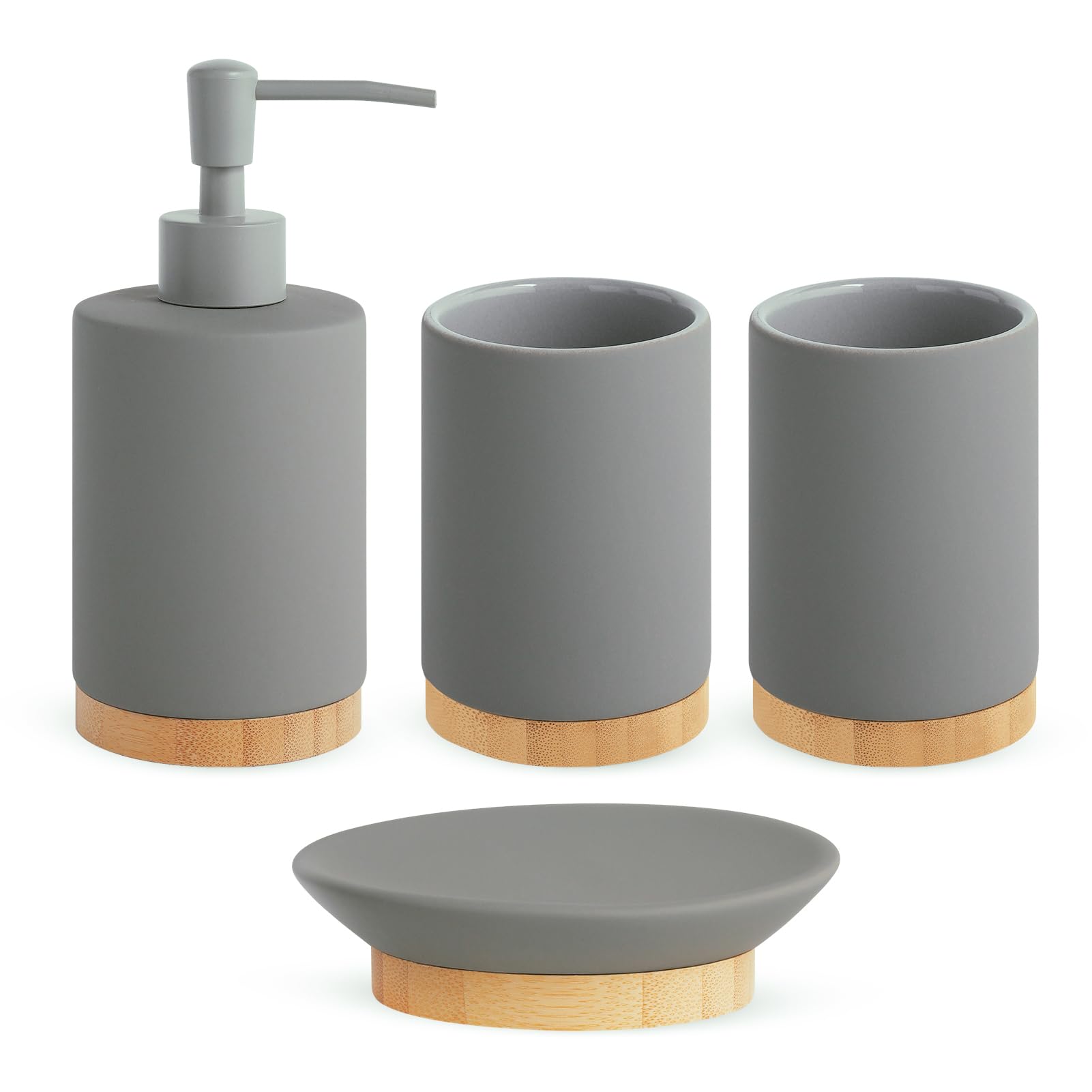 Satu Brown Bathroom Accessory Set Grey 4 Pieces Includes Bathroom Soap Dispenser, 2pcs Bathroom Tumbler, Soap Dish
