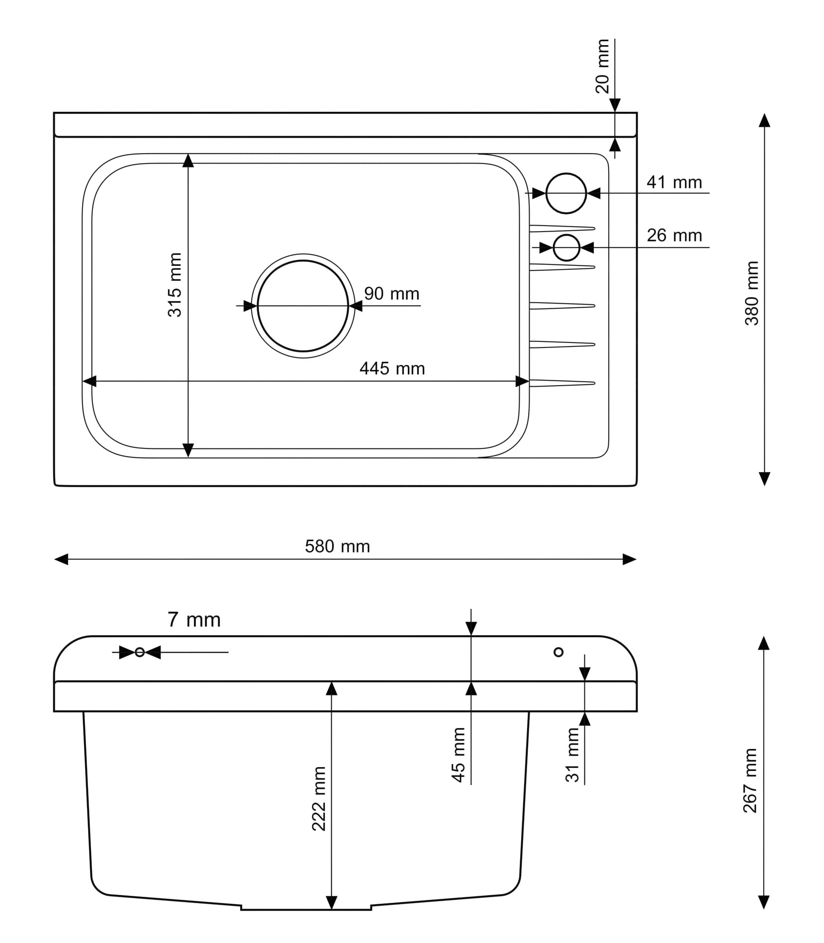 Granitan Lavabo universel pour garage, cave, atelier et buanderie, avec siphon, lavabo mural pour installation intérieure et extérieure, 58 x 38 x 26,7 cm, blanc