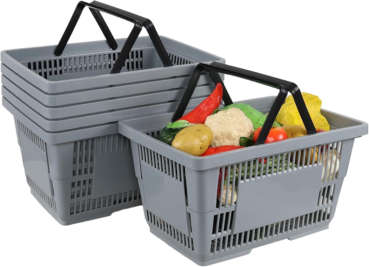 6 Graue Einkaufskörbe Aus Kunststoff Mit Griffen, 28 Liter Stauraum Für Supermarkt, Lebensmittelgeschäft, Einzelhandel, Robust Und Leicht, Perfekt Zum Einkaufen Und Organisieren