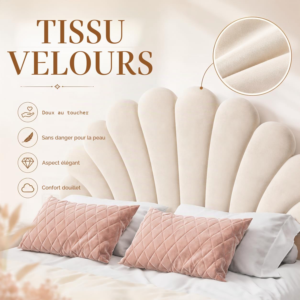 BRILVERDE Lit de Fille 140x200 cm, Lit Princesse avec tête de lit Fleurie, Cadre avec Sommier à Lattes, pour Filles, pour Enfants et Adolescents, Velours (Beige, 140 x 200 cm)
