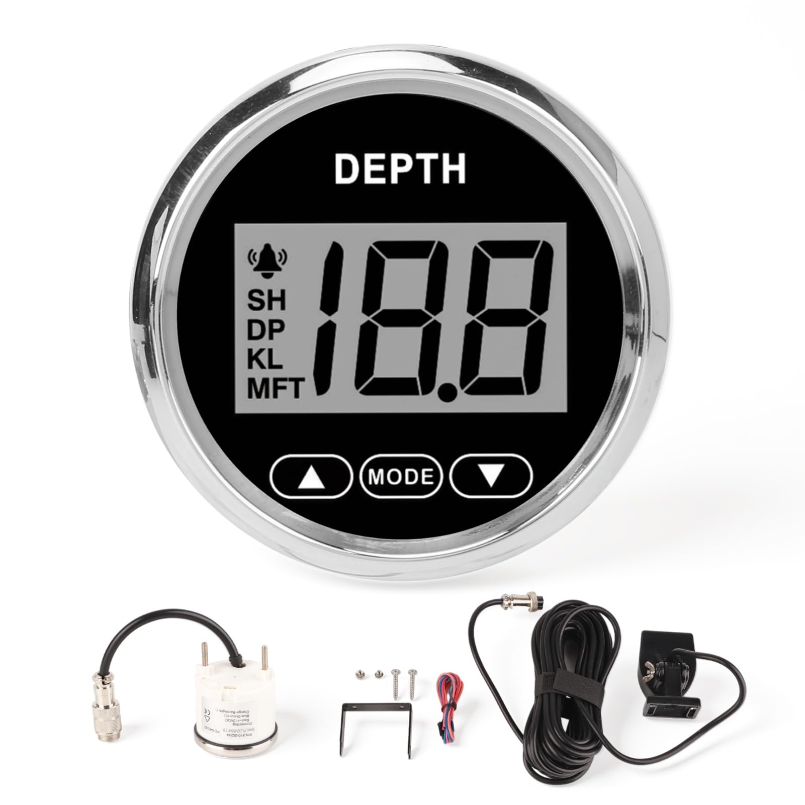 Digitales Boot Tiefenmesser Depth Gauge 52mm 2 Zoll Marine Tiefenmesser Wasserdicht Dash Depth Finder Transducer mit Weißer Hintergrundbeleuchtung für Angeln