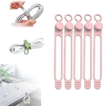 Silicone Cable Ties, Reusable & Washable Adjustable Fastening Cord Management Straps, Multi-Purpose High Elasticity Cords Organizer for Travel/Office/Home Pink, 5Pack