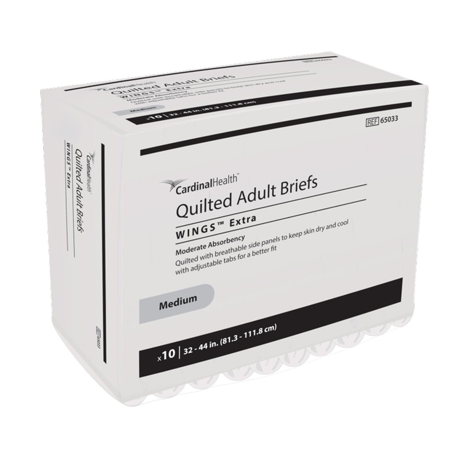 Cardinal Health™ Quilted Adult Briefs, Wings™ Extra, Moderate Absorbency, White, Medium, Case of 100