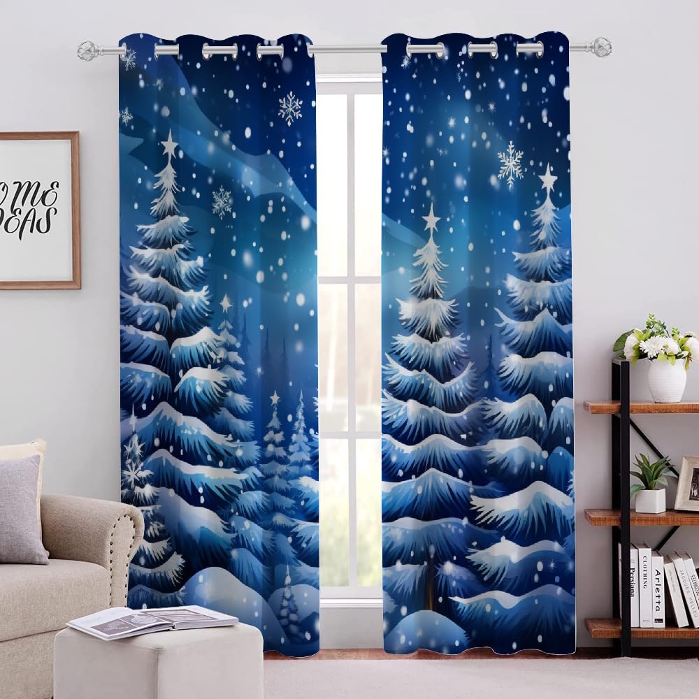 Blackout Decor Curtains 2 Panels 84" L x 54" W Blue Christmas Snowy Fir Tree Branches Window Treatment Set Grommet Heat Insulation Noise Reduction Drapes for Living Room/Bedroom