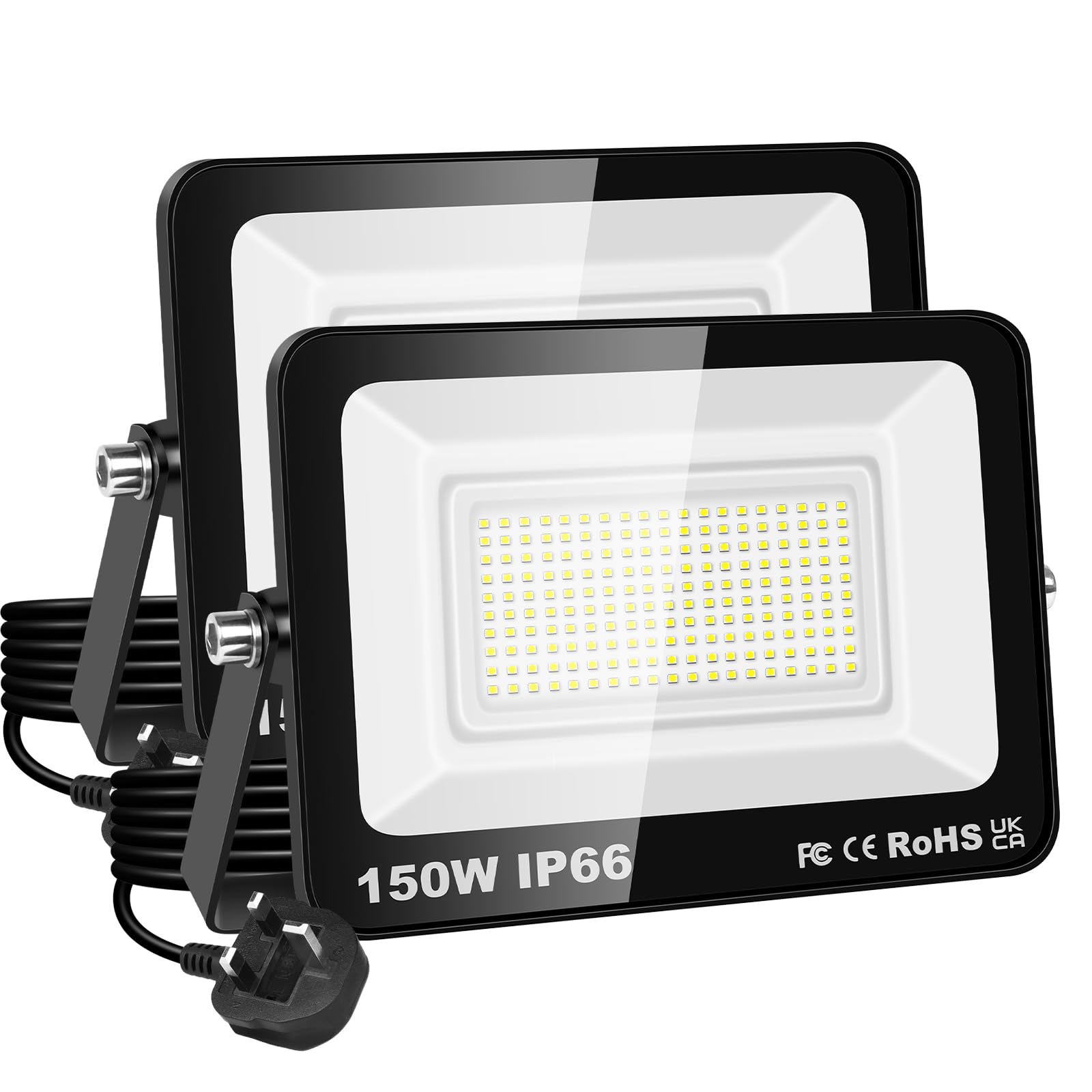 PICAA 150W LED Flood Light, IP66 Waterproof Super Bright 15000LM Security Light, 6500K Cold White Outdoor Wall Light for Garden Yard Garage Patio Warehouse with UK Plug (2PCS)