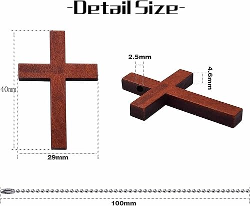 Miniatura 3 de 50 dijes de cruz de madera marrón, colgantes de cruz religiosa de madera con 50 cadenas de cuentas de bolas de metal plateado para manualidades,