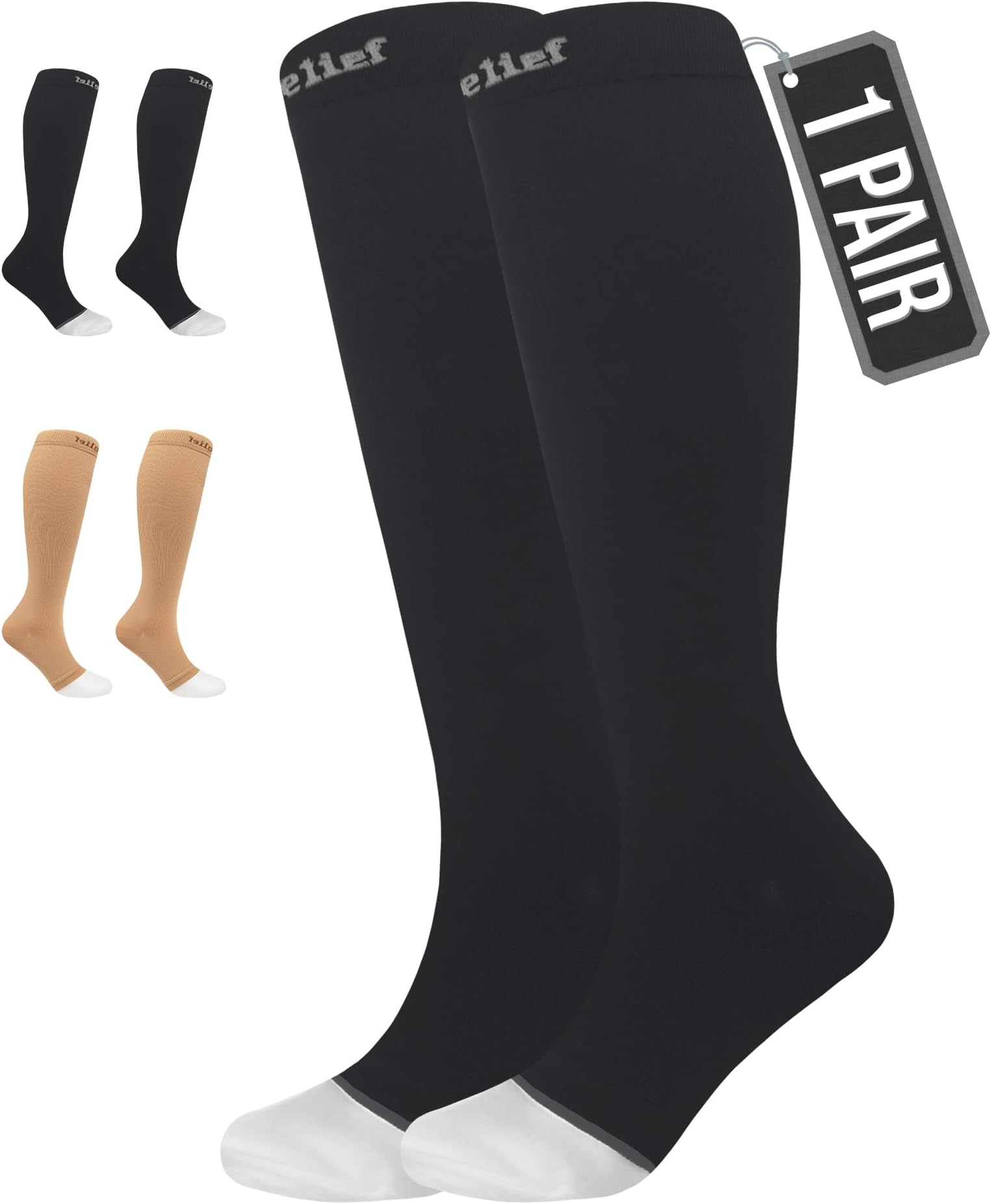 360 RELIEF Compression Socks for Women & Men - Open Toe Graduated Compression Stockings, Flight Socks, Running, Nurses, Maternity, Pregnancy