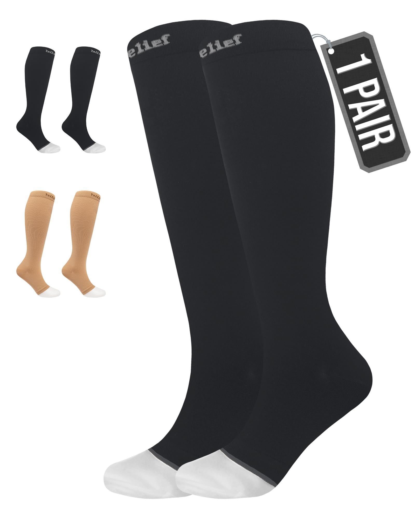 360 RELIEF Compression Socks for Women & Men - Open Toe Graduated Compression Stockings, Flight Socks, Running, Nurses, Maternity, Pregnancy