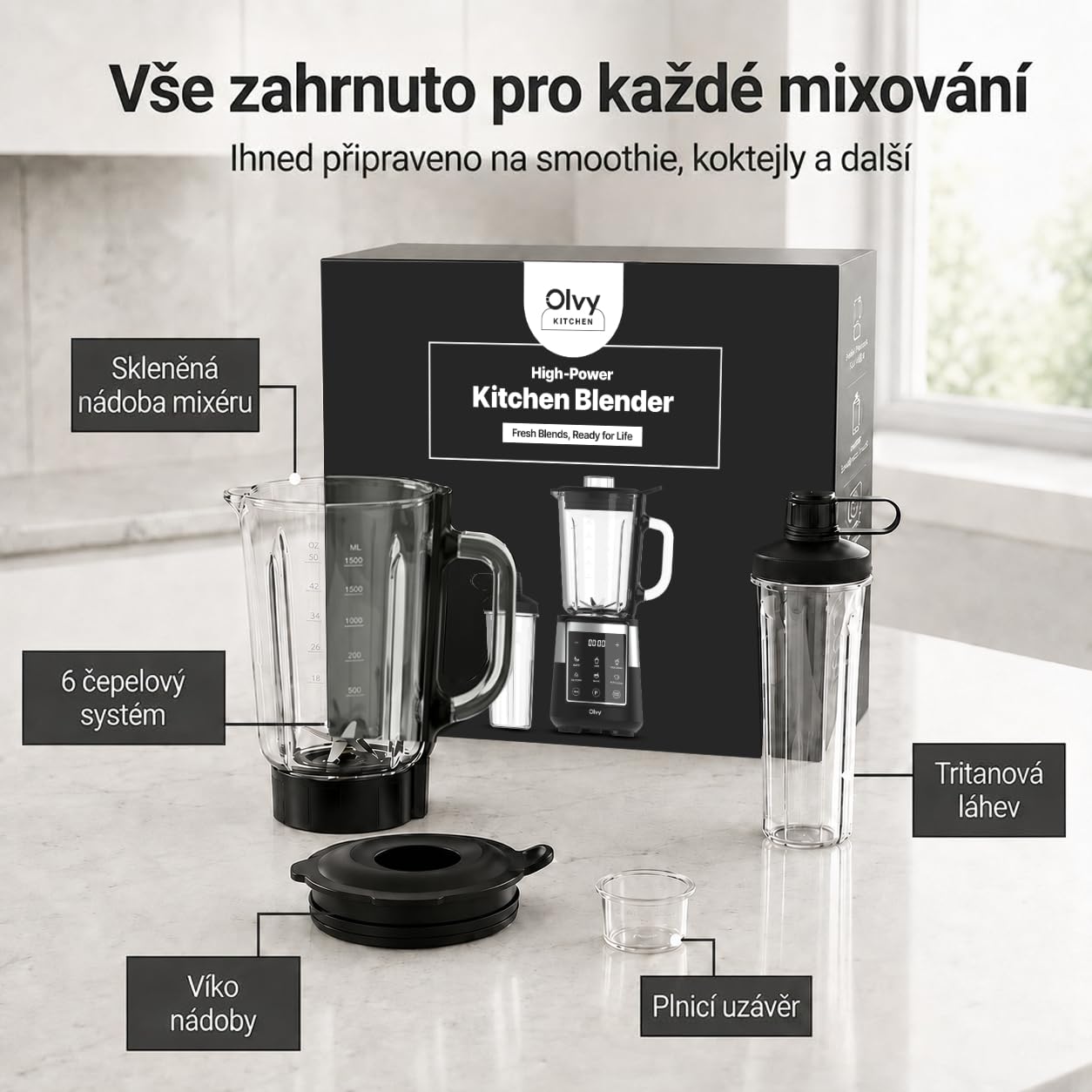 Olvy Blender Smoothie Maker 1500ml Szklany To-Go Timer LED 6 Noży-Black