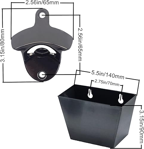 Miniatura 5 de Abridor de botellas de cerveza al aire libre montado en la pared con captador de tapas paquete de aberturas de drenaje (negro)