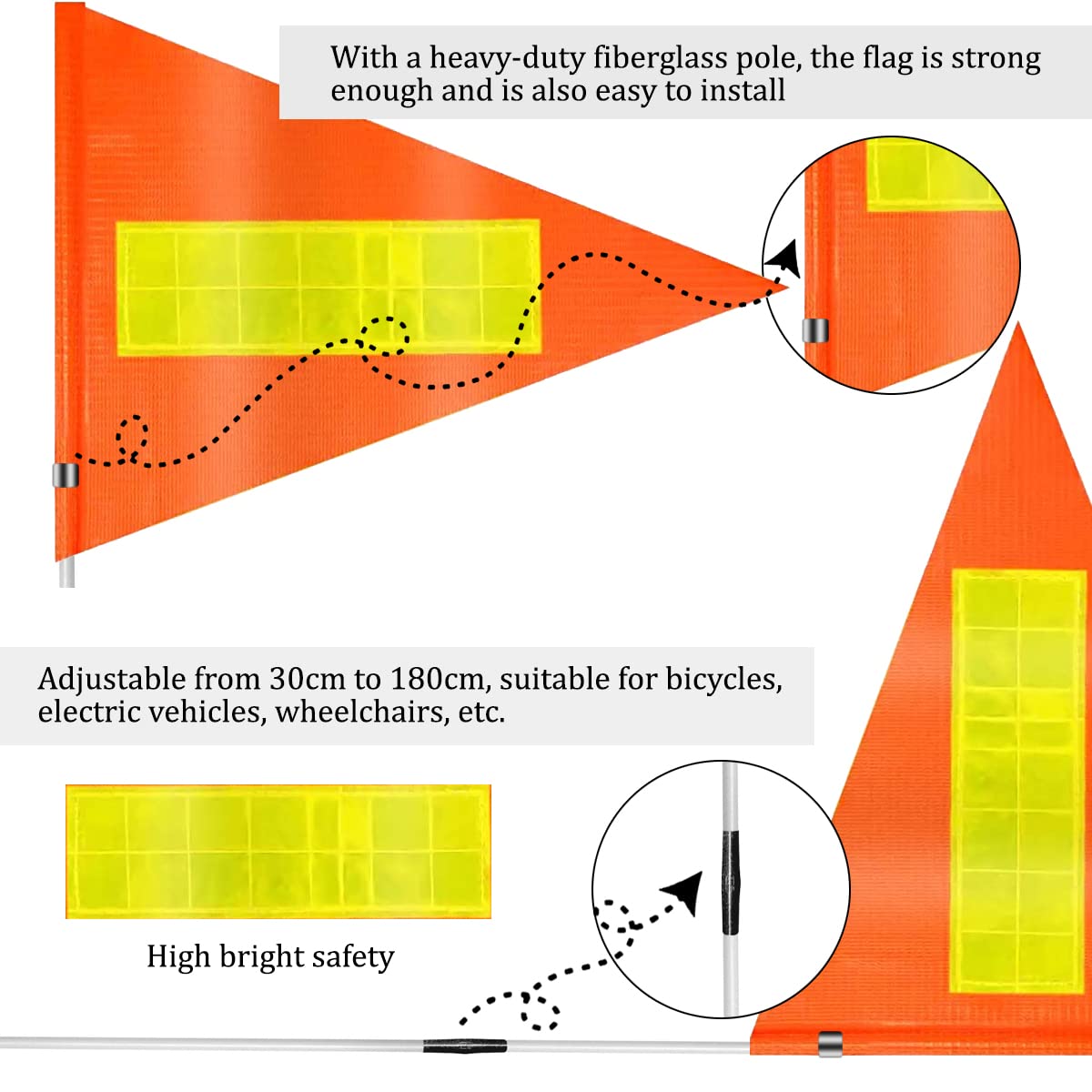 Drapeau De Vélo De Sécurité Orange Réfléchissant - Tige Rétractable 160cm - Pour Vélo, Fauteuil, Scooter - Imperméable