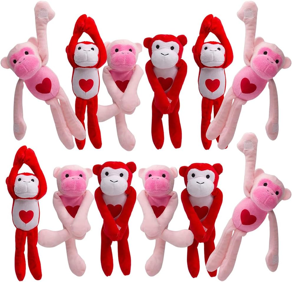 Fun Express Gorilla Stuffed Animal Monkey Plush Toys 12 Pack - Giant Long Arm Hanging Plushies for Valentine's Day | Jumbo Party Favors, Prizes & Holiday Decorations | Pink Red Hearts Design