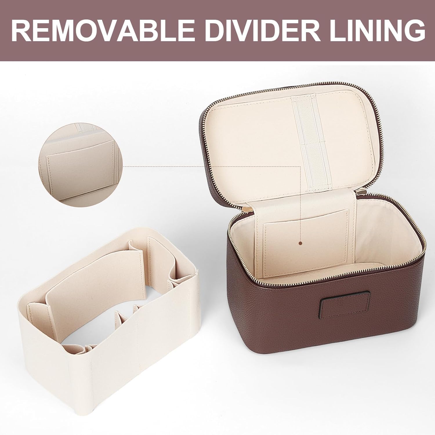 Starnearby Beauty Case Donna in Pelle PU, Borsa Cosmetica da Viaggio, Trousse Trucchi Donna con Divisore Rimovibile, Borsa da Toilette, Pochette Cosmetica da Viaggio (Caffè)