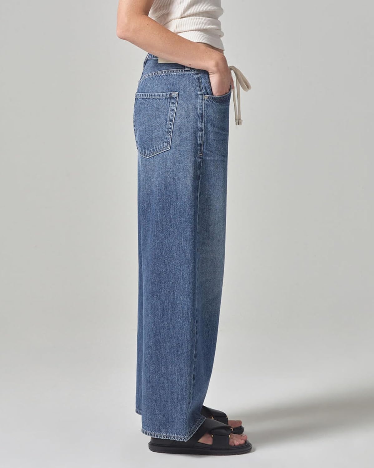 Women Wide Leg Jeans High Rise Drawstring Denim Pants Loose Boyfriend Baggy Trouser Jeans Dark Blue - Image 2