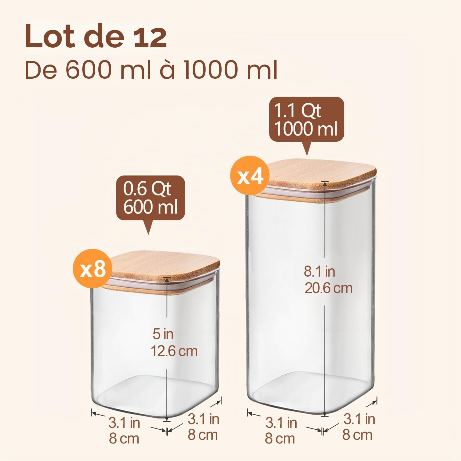ComSaf Bocal en Verre Avec Couvercle, Pot en Verre Avec Couvercle, 600-1000 ml, Lot de 12 Pièces, Convient Pour Noix de Cajou, Gros Sel, Amandes