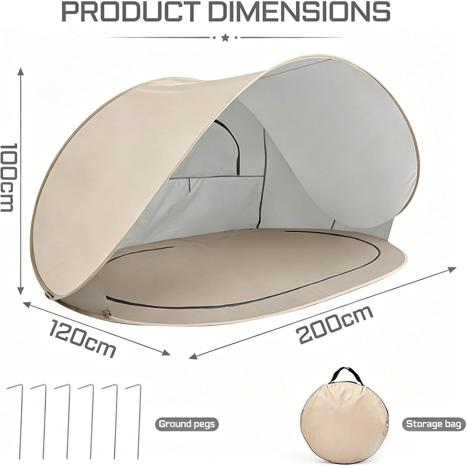 Tente de Plage Pop Up 3-4 Personnes, Abri de Plage UPF 50+ avec Tapis de Sol Amovible, Tente Pare-Soleil Portable pour Camping, Pique-Nique, Jardin et Extérieur (Beige)