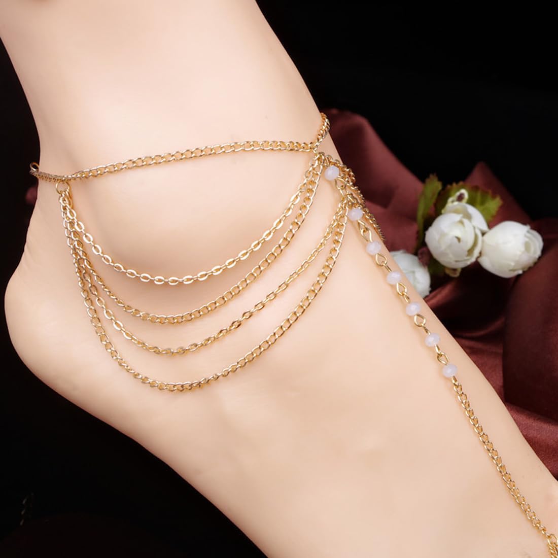 Bracelet De Cheville Multicouche Or Chaîne Cubaine Avec Perles Cristal - Bijoux Pied Femme Et Adolescente