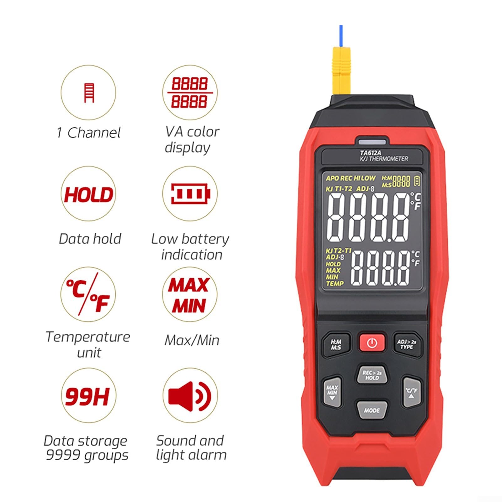 Digitales Thermometer Typ K/J mit Farbdisplay, -200 bis 1372 °C Bereich, Datenspeicherung und Alarm, USB-Upload, tragbar für industrielle Labortests +