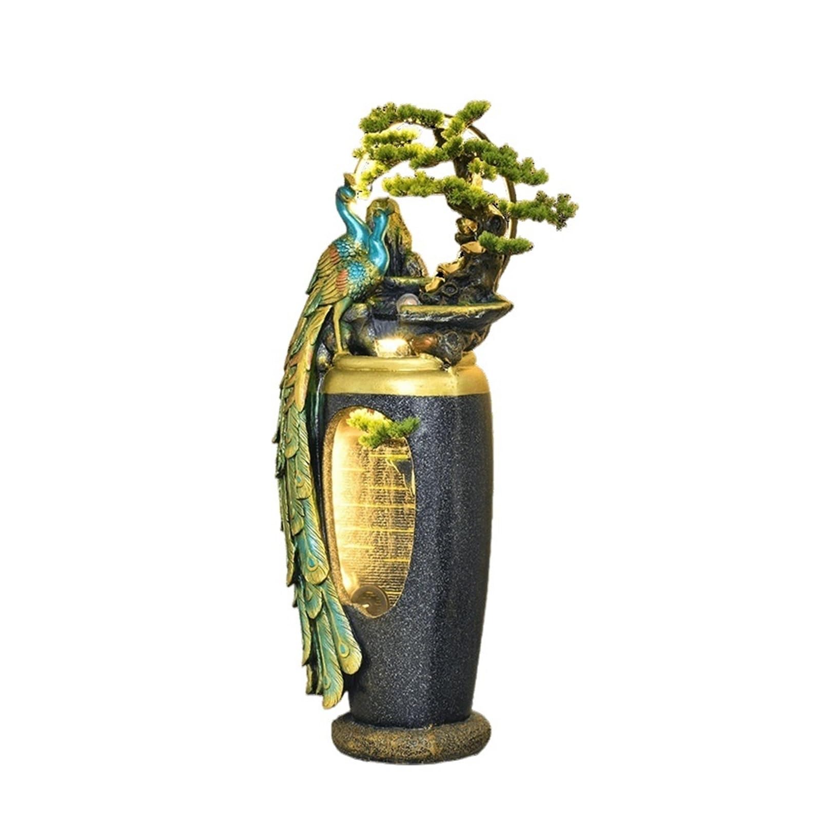 Indoor Floor Fountain Peacock Flowing Water Ornament, New Chinese Zen Fountain, Floor Standing Decorative Vase for Living Room, Entrance Door or Next to Tv Cabinet Water Fountain(53*46*156cm)