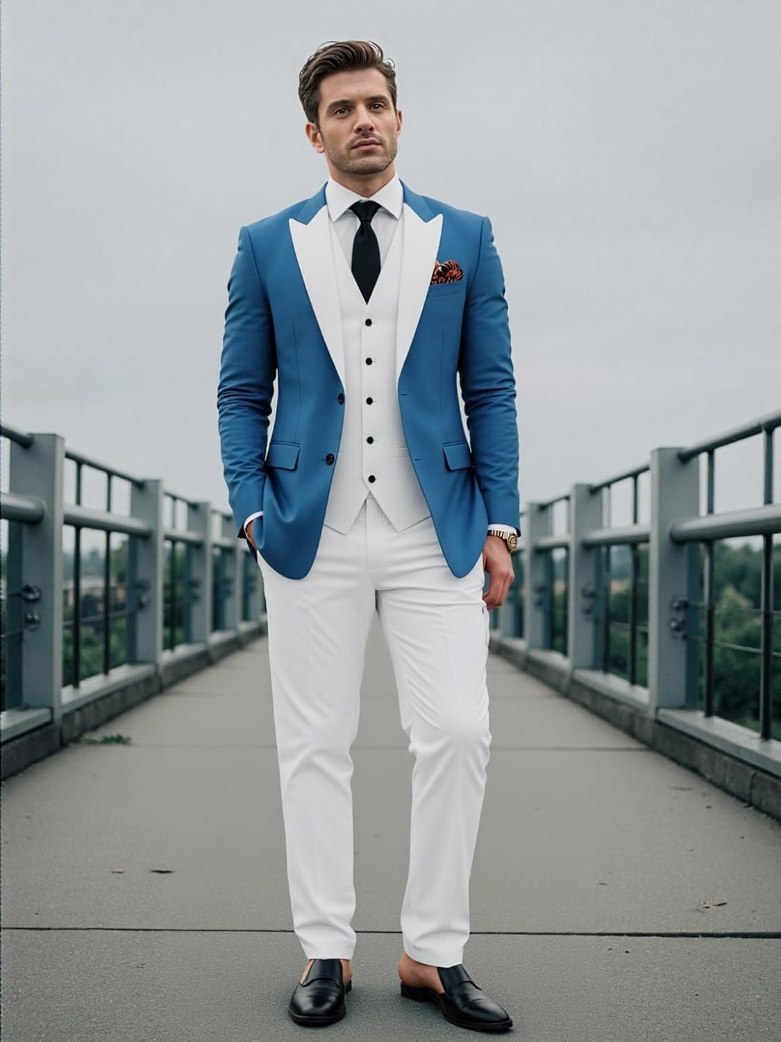 HUUTOE 3 Piece White Tuxedo for Men Slim Fit Mens Classic Suit Set Prom Grey + White Tuxedo Wedding Groom Grey Suits Blazer Dress Vest Pants-Trajes de Hombre 5XL Wedding