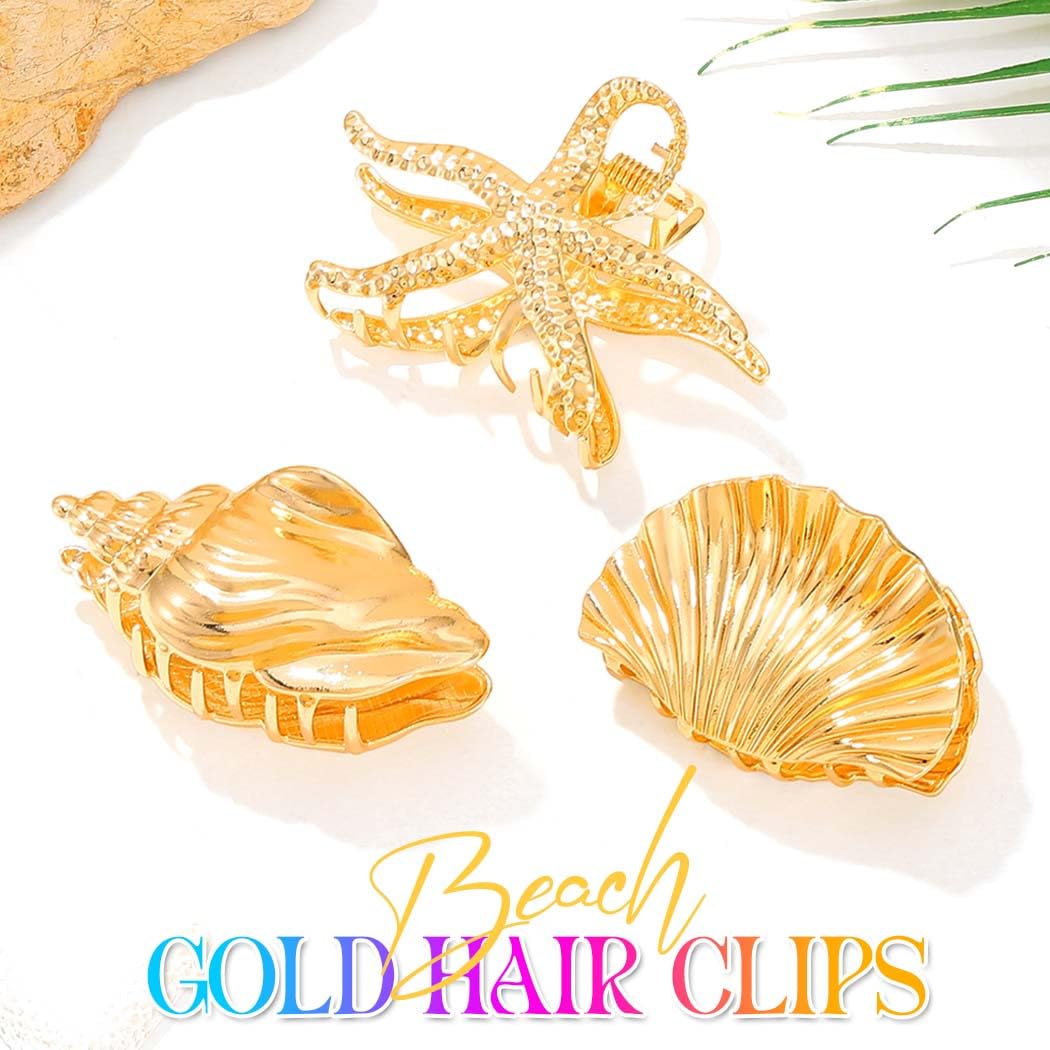 CAKURE Seashell Hair Clip Gold Starfish Claw Clips Cute Beach Hair Accessories for Women and Girls （Pack of 3） - Image 2