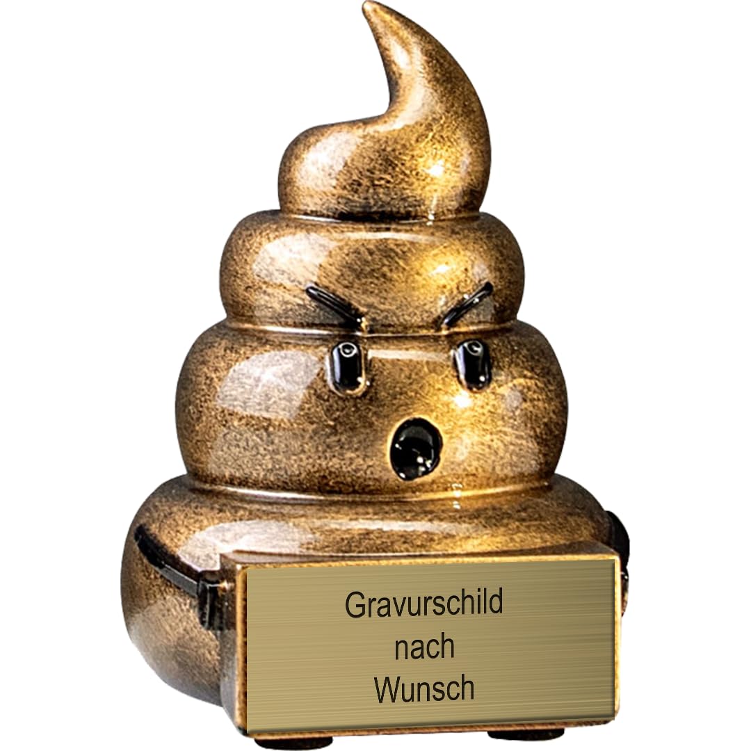 Pokal-Fabrik Lustiger Pokal mit Gravur Wunschtext – Gold Trophäe als Kackhaufen-Emoji – Personalisierter Trostpreis & Gag-Geschenk für Verlierer, WM Pechvögel, Partys & Team-Events – 9,5 cm