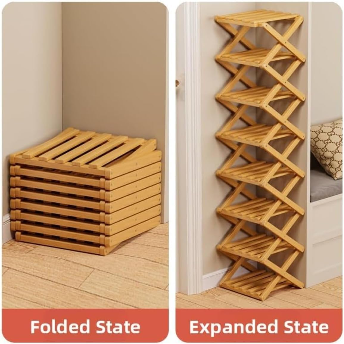 OUTMX Tall Bamboo Shoe Rack Organizer, Foldable 10-Tier Space-Saving Shoe Shelf with No Assembly Required, Narrow Storage Rack for Entryway, Closet and Bedroom(Style B,9 Layers)