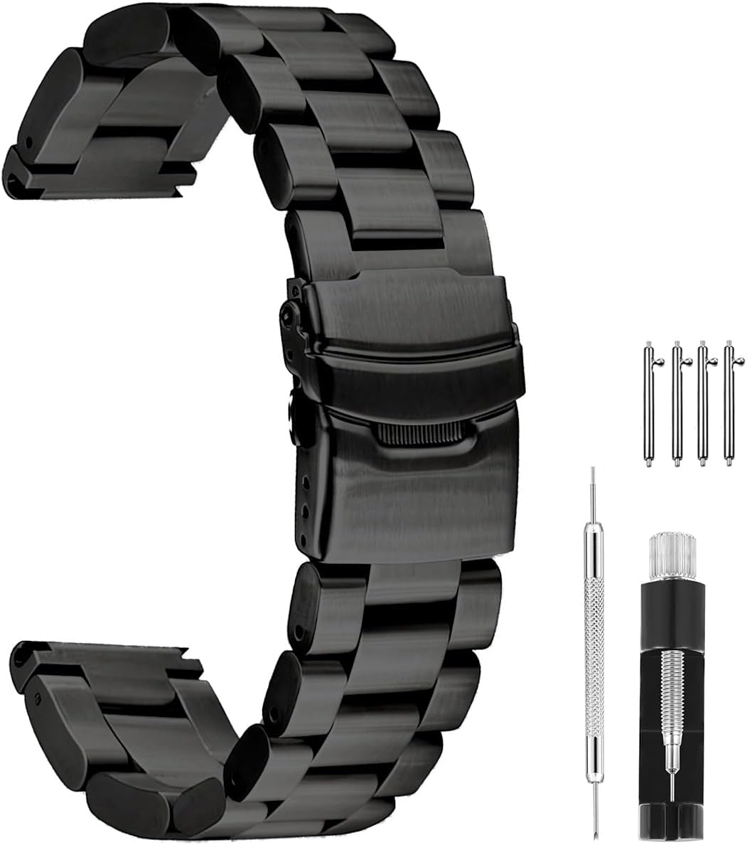 Heavy-duty Solid Stainless Steel Watch Band 20mm 22mm, Black Silver Brushed Watch Bands Double Locking Clasp Strap for Men