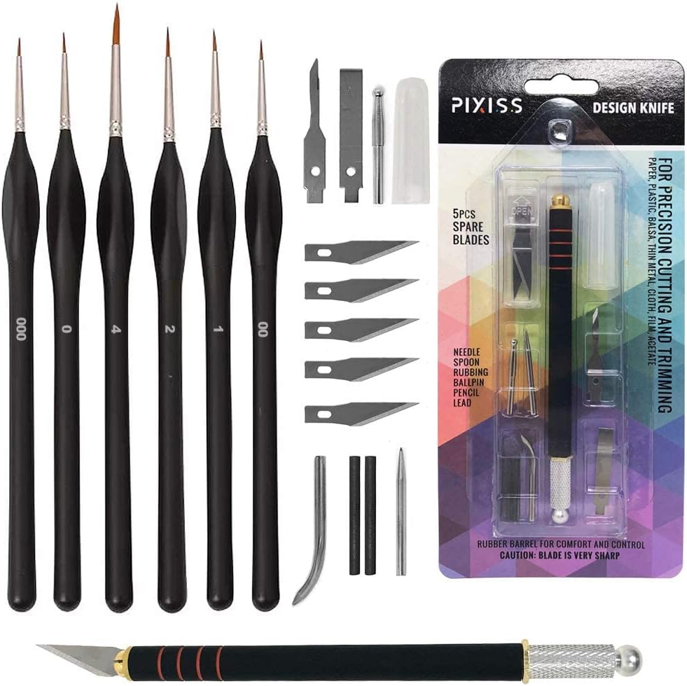 Testors Model Paint Enamel 10pc Paint Set, Testors Cement Plastic Model Glue Adhesive, Pixiss 6 Fine Detail Miniatures Paint Brushes, Pixiss Precision Crafting Knife with Extra Blades and Tips