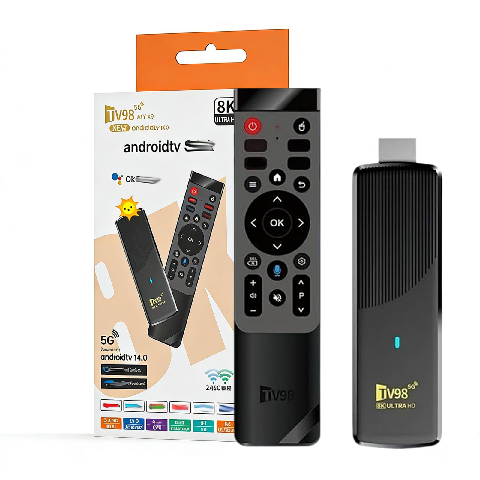 Streaming Android 14.0 TV Stick Supporta 2.4G/5G Wi-Fi Bluetooth, telecomando vocale, HDMI, 5.0 Android TV Stick 8K Ultra UHD 16 GB RAM 256 GB ROM, lettore multimediale portatile in streaming
