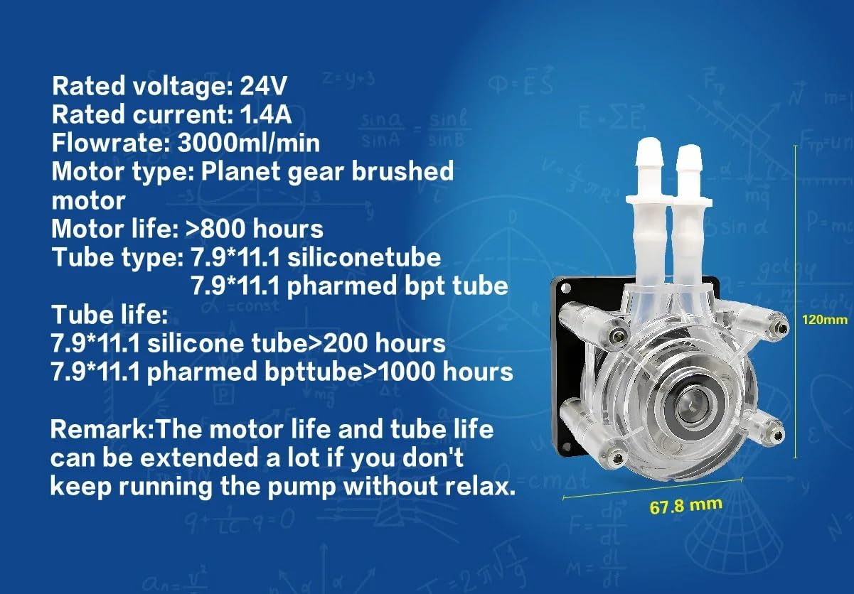 Bomba Peristáltica Bomba peristáltica de 24 V CC - 0,8 GPH (3000 ml/min) dosificación alto caudal con kit manguera, for acuarios arrecife y análisis(Pharmed BPT Tube)