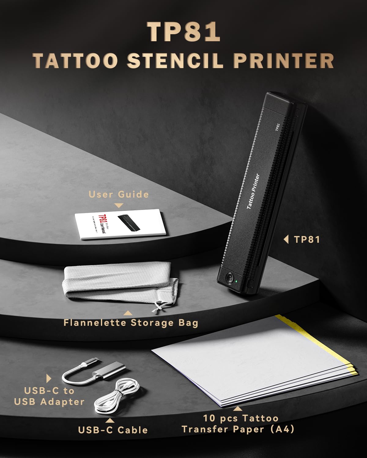 TP81 Stencil Drucker, Thermodrucker Tattoo, Bluetooth Tattoo Drucker mit 10 Blatt Tattoo Papier, Kompatibel mit Android, iOS und Laptop, Tattoo Zubehör