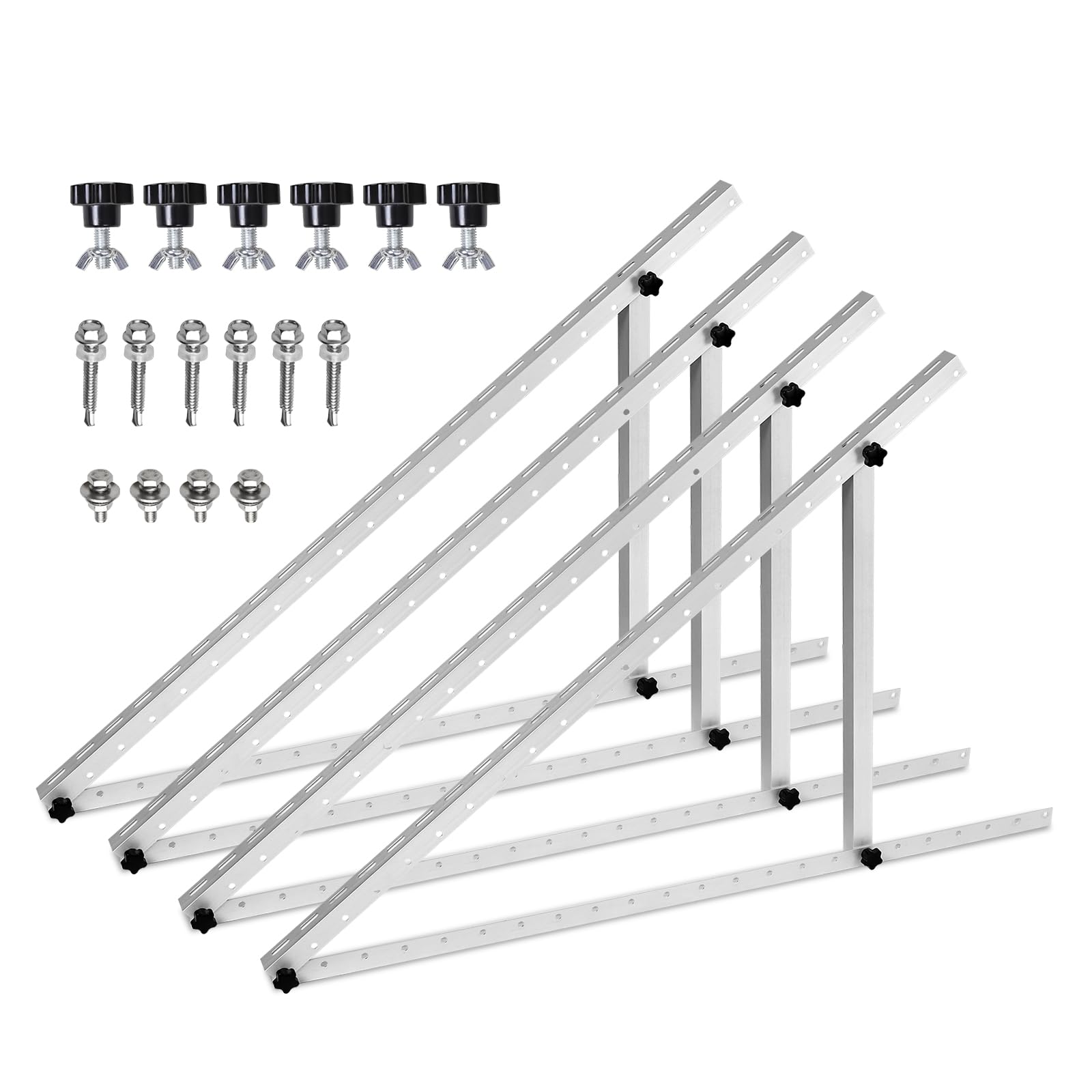 4 x 118 cm soporte panel solar, Ajustable De 0° a 90°, 46.5 Pulgadas Módulo Solar, Juego de Fijación Para Techo Plano, Para Panel Solar de 100W-400W, Barco, Caravana, Techo, Sistema off-Grid