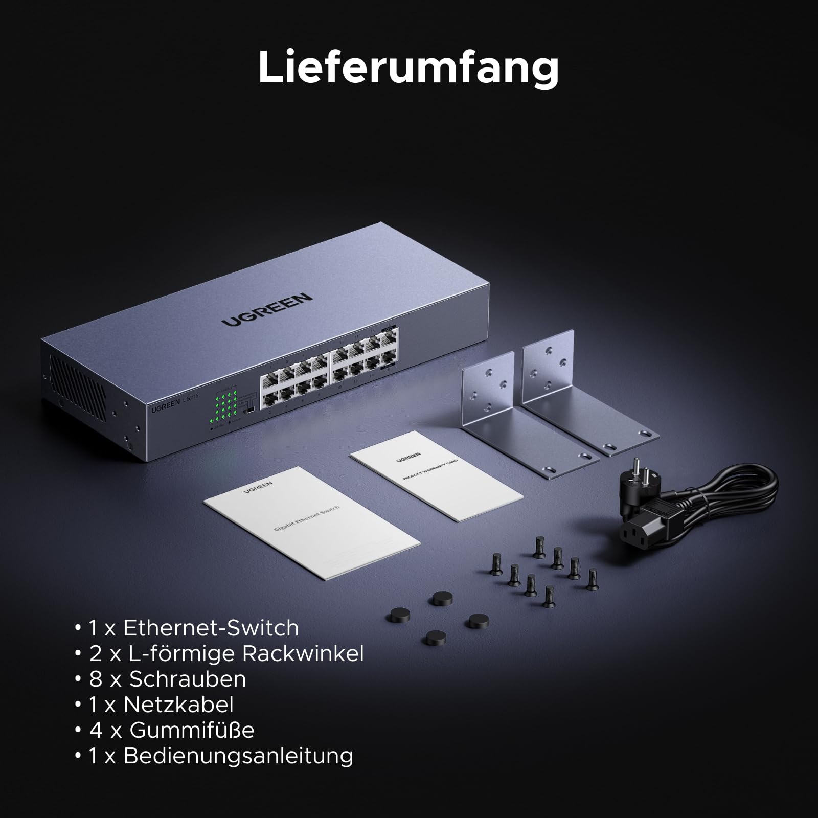UGREEN 16 Port Gigabit LAN Switch, 19 Zoll Rack-Montage (16 Port) | Unmanaged, Netzwerk Switch, 32Gbp/s Switching-Kapazität, Metallgehäuse Ethernet Switch für TV/ Laptop/ Switch/ Router
