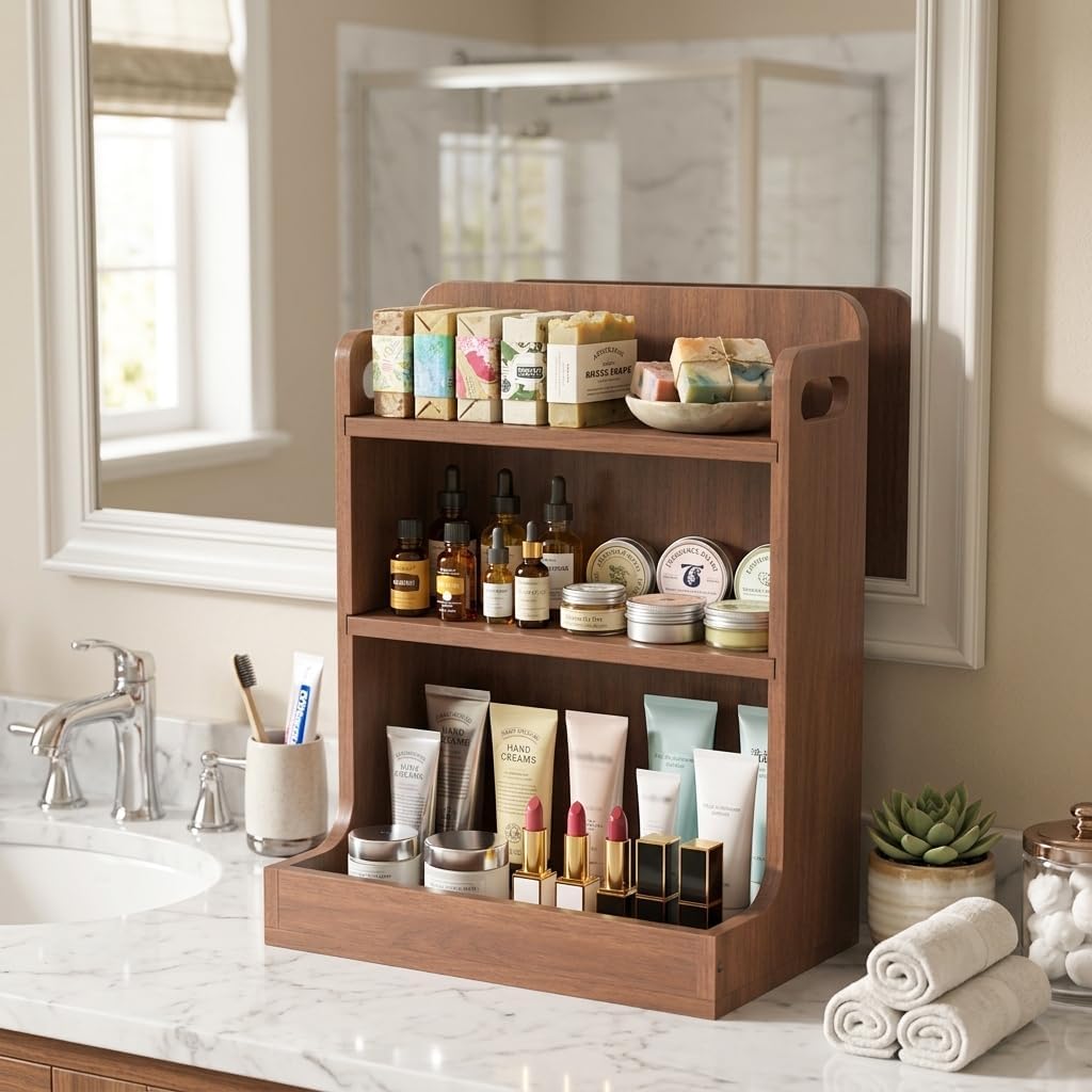 3 Tier Solid Wood Bathroom Counter Organizer Countertop Vanity Shelf | Natural Solid Wood, Countertop Vanity Organizer, Carry Handles & Full Back Panel, For Cosmetics Toiletries Kitchen Bedroom