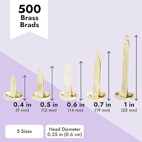 Miniatura 4 de Juvale Mini soportes de papel de cabeza plana para manualidades, 500 piezas, 5 tamaños (0.37-1 pulgadas), pines partidos de latón dorado,