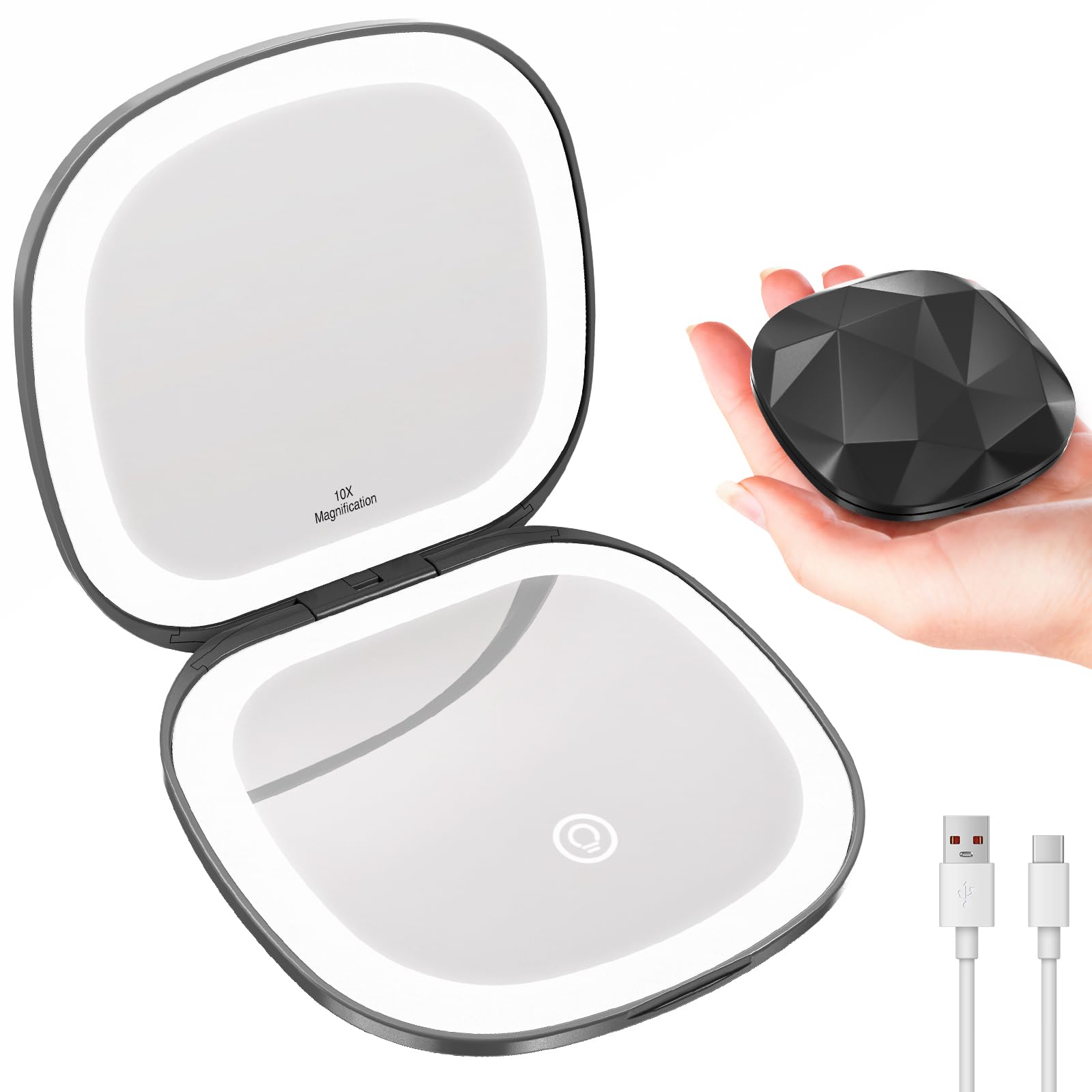 Specchio da viaggio per il trucco con luce, ingrandimento 10X/1X, specchio compatto per borsa, portatile su entrambi i lati, pieghevole, tascabile, LED dimmerabile e ricaricabile tramite USB