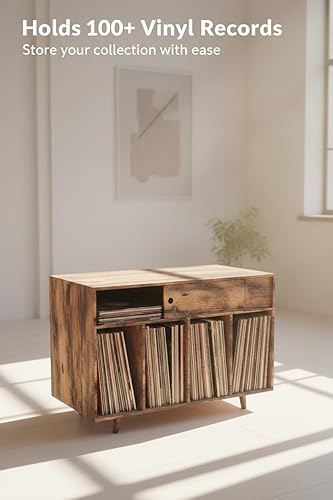 Miniatura 4 de Soporte para tocadiscos - Soporte grande para tocadiscos con almacenamiento de vinilo, soporte para tocadiscos de madera, soporte para discos de