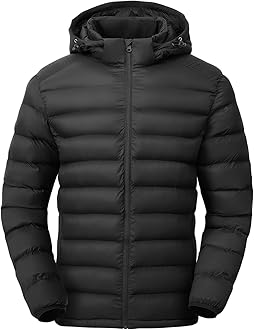 TBMPOY Men's Lightweight Puffer Jacket with Detachable Hood, Water-Resistant, Black, Regular Size