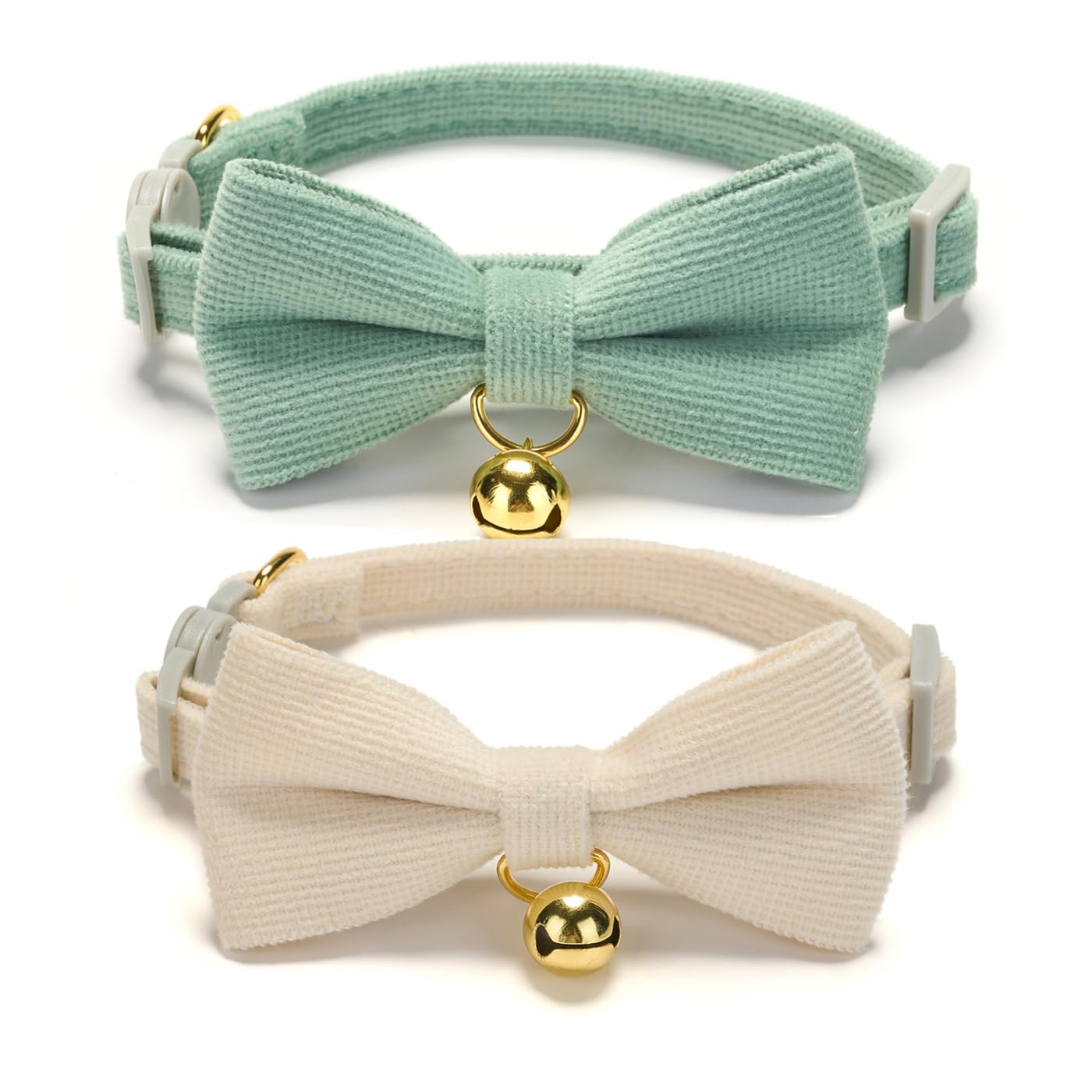 Ewinoom 2 Pack Soft Corduroy Cat Collars with Bow Tie & Bell, Adjustable Breakaway Cotton Kitty Bowtie Collar for Female Male Cats(White & Grass Green